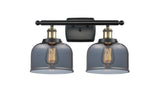 916-2W-BAB-G73 2-Light 16" Black Antique Brass Bath Vanity Light - Plated Smoke Large Bell Glass - LED Bulb - Dimmensions: 16 x 9 x 13 - Glass Up or Down: Yes