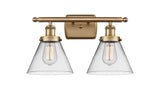 916-2W-BB-G42 2-Light 16" Brushed Brass Bath Vanity Light - Clear Large Cone Glass - LED Bulb - Dimmensions: 16 x 9 x 13 - Glass Up or Down: Yes