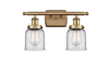 916-2W-BB-G52 2-Light 16" Brushed Brass Bath Vanity Light - Clear Small Bell Glass - LED Bulb - Dimmensions: 16 x 6.5 x 12 - Glass Up or Down: Yes