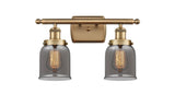 916-2W-BB-G53 2-Light 16" Brushed Brass Bath Vanity Light - Plated Smoke Small Bell Glass - LED Bulb - Dimmensions: 16 x 6.5 x 12 - Glass Up or Down: Yes