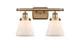916-2W-BB-G61 2-Light 16" Brushed Brass Bath Vanity Light - Matte White Cased Small Cone Glass - LED Bulb - Dimmensions: 16 x 7.5 x 11 - Glass Up or Down: Yes