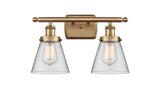 916-2W-BB-G62 2-Light 16" Brushed Brass Bath Vanity Light - Clear Small Cone Glass - LED Bulb - Dimmensions: 16 x 7.5 x 11 - Glass Up or Down: Yes