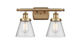 916-2W-BB-G64 2-Light 16" Brushed Brass Bath Vanity Light - Seedy Small Cone Glass - LED Bulb - Dimmensions: 16 x 7.5 x 11 - Glass Up or Down: Yes