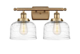 916-2W-BB-G713 2-Light 16" Brushed Brass Bath Vanity Light - Clear Deco Swirl Large Bell Glass - LED Bulb - Dimmensions: 16 x 9 x 13 - Glass Up or Down: Yes