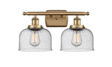 916-2W-BB-G74 2-Light 16" Brushed Brass Bath Vanity Light - Seedy Large Bell Glass - LED Bulb - Dimmensions: 16 x 9 x 13 - Glass Up or Down: Yes