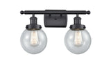 916-2W-BK-G204-6 2-Light 16" Matte Black Bath Vanity Light - Seedy Beacon Glass - LED Bulb - Dimmensions: 16 x 7.5 x 11 - Glass Up or Down: Yes