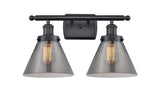 916-2W-BK-G43 2-Light 16" Matte Black Bath Vanity Light - Plated Smoke Large Cone Glass - LED Bulb - Dimmensions: 16 x 9 x 13 - Glass Up or Down: Yes
