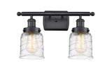 916-2W-BK-G513 2-Light 16" Matte Black Bath Vanity Light - Clear Deco Swirl Small Bell Glass - LED Bulb - Dimmensions: 16 x 6.5 x 12 - Glass Up or Down: Yes