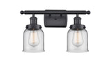 916-2W-BK-G52 2-Light 16" Matte Black Bath Vanity Light - Clear Small Bell Glass - LED Bulb - Dimmensions: 16 x 6.5 x 12 - Glass Up or Down: Yes