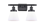 916-2W-BK-G61 2-Light 16" Matte Black Bath Vanity Light - Matte White Cased Small Cone Glass - LED Bulb - Dimmensions: 16 x 7.5 x 11 - Glass Up or Down: Yes