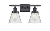 916-2W-BK-G64 2-Light 16" Matte Black Bath Vanity Light - Seedy Small Cone Glass - LED Bulb - Dimmensions: 16 x 7.5 x 11 - Glass Up or Down: Yes