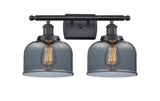 916-2W-BK-G73 2-Light 16" Matte Black Bath Vanity Light - Plated Smoke Large Bell Glass - LED Bulb - Dimmensions: 16 x 9 x 13 - Glass Up or Down: Yes