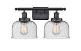 916-2W-BK-G74 2-Light 16" Matte Black Bath Vanity Light - Seedy Large Bell Glass - LED Bulb - Dimmensions: 16 x 9 x 13 - Glass Up or Down: Yes