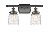 916-2W-OB-G513 2-Light 16" Oil Rubbed Bronze Bath Vanity Light - Clear Deco Swirl Small Bell Glass - LED Bulb - Dimmensions: 16 x 6.5 x 12 - Glass Up or Down: Yes