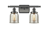 916-2W-OB-G58 2-Light 16" Oil Rubbed Bronze Bath Vanity Light - Silver Plated Mercury Small Bell Glass - LED Bulb - Dimmensions: 16 x 6.5 x 12 - Glass Up or Down: Yes