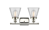 916-2W-PN-G62 2-Light 16" Polished Nickel Bath Vanity Light - Clear Small Cone Glass - LED Bulb - Dimmensions: 16 x 7.5 x 11 - Glass Up or Down: Yes