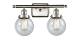 916-2W-SN-G204-6 2-Light 16" Brushed Satin Nickel Bath Vanity Light - Seedy Beacon Glass - LED Bulb - Dimmensions: 16 x 7.5 x 11 - Glass Up or Down: Yes