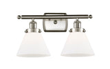 916-2W-SN-G41 2-Light 16" Brushed Satin Nickel Bath Vanity Light - Matte White Cased Large Cone Glass - LED Bulb - Dimmensions: 16 x 9 x 13 - Glass Up or Down: Yes