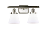 916-2W-SN-G61 2-Light 16" Brushed Satin Nickel Bath Vanity Light - Matte White Cased Small Cone Glass - LED Bulb - Dimmensions: 16 x 7.5 x 11 - Glass Up or Down: Yes