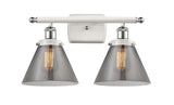 916-2W-WPC-G43 2-Light 16" White and Polished Chrome Bath Vanity Light - Plated Smoke Large Cone Glass - LED Bulb - Dimmensions: 16 x 9 x 13 - Glass Up or Down: Yes