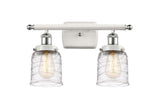 916-2W-WPC-G513 2-Light 16" White and Polished Chrome Bath Vanity Light - Clear Deco Swirl Small Bell Glass - LED Bulb - Dimmensions: 16 x 6.5 x 12 - Glass Up or Down: Yes