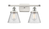 916-2W-WPC-G64 2-Light 16" White and Polished Chrome Bath Vanity Light - Seedy Small Cone Glass - LED Bulb - Dimmensions: 16 x 7.5 x 11 - Glass Up or Down: Yes