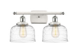 916-2W-WPC-G713 2-Light 16" White and Polished Chrome Bath Vanity Light - Clear Deco Swirl Large Bell Glass - LED Bulb - Dimmensions: 16 x 9 x 13 - Glass Up or Down: Yes