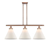 916-3I-AC-G41-L 3-Light 36" Antique Copper Island Light - Matte White Cased Cone 12" Glass - LED Bulb - Dimmensions: 36 x 8 x 11<br>Minimum Height : 20.375<br>Maximum Height : 44.375 - Sloped Ceiling Compatible: Yes