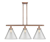 916-3I-AC-G42-L 3-Light 36" Antique Copper Island Light - Clear Cone 12" Glass - LED Bulb - Dimmensions: 36 x 8 x 11<br>Minimum Height : 20.375<br>Maximum Height : 44.375 - Sloped Ceiling Compatible: Yes