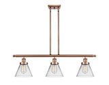 3-Light 36" Antique Copper Island Light - Clear Large Cone Glass LED