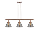 3-Light 36" Antique Copper Island Light - Plated Smoke Large Cone Glass LED