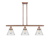 3-Light 36" Antique Copper Island Light - Seedy Large Cone Glass LED