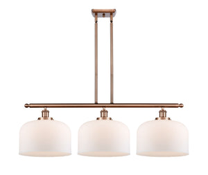 916-3I-AC-G71-L 3-Light 36" Antique Copper Island Light - Matte White Cased X-Large Bell Glass - LED Bulb - Dimmensions: 36 x 8 x 11<br>Minimum Height : 20.375<br>Maximum Height : 44.375 - Sloped Ceiling Compatible: Yes
