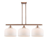 916-3I-AC-G71-L 3-Light 36" Antique Copper Island Light - Matte White Cased X-Large Bell Glass - LED Bulb - Dimmensions: 36 x 8 x 11<br>Minimum Height : 20.375<br>Maximum Height : 44.375 - Sloped Ceiling Compatible: Yes