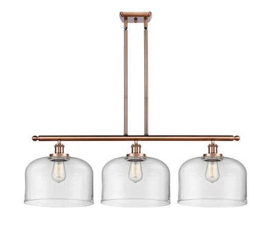 916-3I-AC-G72-L 3-Light 36" Antique Copper Island Light - Clear X-Large Bell Glass - LED Bulb - Dimmensions: 36 x 8 x 11<br>Minimum Height : 20.375<br>Maximum Height : 44.375 - Sloped Ceiling Compatible: Yes