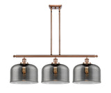 916-3I-AC-G73-L 3-Light 36" Antique Copper Island Light - Plated Smoke X-Large Bell Glass - LED Bulb - Dimmensions: 36 x 8 x 11<br>Minimum Height : 20.375<br>Maximum Height : 44.375 - Sloped Ceiling Compatible: Yes
