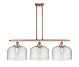 916-3I-AC-G74-L 3-Light 36" Antique Copper Island Light - Seedy X-Large Bell Glass - LED Bulb - Dimmensions: 36 x 8 x 11<br>Minimum Height : 20.375<br>Maximum Height : 44.375 - Sloped Ceiling Compatible: Yes
