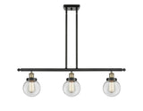 916-3I-BAB-G202-6 3-Light 36" Black Antique Brass Island Light - Clear Beacon Glass - LED Bulb - Dimmensions: 36 x 6 x 10<br>Minimum Height : 19.375<br>Maximum Height : 43.375 - Sloped Ceiling Compatible: Yes