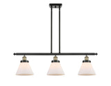 916-3I-BAB-G41 3-Light 36" Black Antique Brass Island Light - Matte White Cased Large Cone Glass - LED Bulb - Dimmensions: 36 x 8 x 11<br>Minimum Height : 20.375<br>Maximum Height : 44.375 - Sloped Ceiling Compatible: Yes