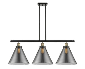 916-3I-AC-G43-L 3-Light 36" Antique Copper Island Light - Plated Smoke Cone 12" Glass - LED Bulb - Dimmensions: 36 x 8 x 11<br>Minimum Height : 20.375<br>Maximum Height : 44.375 - Sloped Ceiling Compatible: Yes