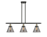 916-3I-BAB-G43 3-Light 36" Black Antique Brass Island Light - Plated Smoke Large Cone Glass - LED Bulb - Dimmensions: 36 x 8 x 11<br>Minimum Height : 20.375<br>Maximum Height : 44.375 - Sloped Ceiling Compatible: Yes