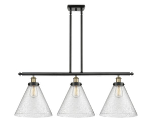 916-3I-AC-G44-L 3-Light 36" Antique Copper Island Light - Seedy Cone 12" Glass - LED Bulb - Dimmensions: 36 x 8 x 11<br>Minimum Height : 20.375<br>Maximum Height : 44.375 - Sloped Ceiling Compatible: Yes