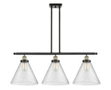 916-3I-BAB-G44-L 3-Light 36" Black Antique Brass Island Light - Seedy Cone 12" Glass - LED Bulb - Dimmensions: 36 x 8 x 11<br>Minimum Height : 20.375<br>Maximum Height : 44.375 - Sloped Ceiling Compatible: Yes