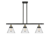 916-3I-BAB-G44 3-Light 36" Black Antique Brass Island Light - Seedy Large Cone Glass - LED Bulb - Dimmensions: 36 x 8 x 11<br>Minimum Height : 20.375<br>Maximum Height : 44.375 - Sloped Ceiling Compatible: Yes