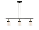 916-3I-BAB-G51 3-Light 36" Black Antique Brass Island Light - Matte White Cased Small Bell Glass - LED Bulb - Dimmensions: 36 x 5 x 10<br>Minimum Height : 19.375<br>Maximum Height : 43.375 - Sloped Ceiling Compatible: Yes