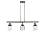 916-3I-BAB-G52 3-Light 36" Black Antique Brass Island Light - Clear Small Bell Glass - LED Bulb - Dimmensions: 36 x 5 x 10<br>Minimum Height : 19.375<br>Maximum Height : 43.375 - Sloped Ceiling Compatible: Yes