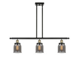 916-3I-BAB-G53 3-Light 36" Black Antique Brass Island Light - Plated Smoke Small Bell Glass - LED Bulb - Dimmensions: 36 x 5 x 10<br>Minimum Height : 19.375<br>Maximum Height : 43.375 - Sloped Ceiling Compatible: Yes