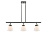 916-3I-BAB-G61 3-Light 36" Black Antique Brass Island Light - Matte White Cased Small Cone Glass - LED Bulb - Dimmensions: 36 x 6 x 10<br>Minimum Height : 19.375<br>Maximum Height : 43.375 - Sloped Ceiling Compatible: Yes