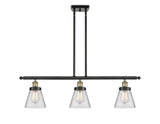 916-3I-BAB-G62 3-Light 36" Black Antique Brass Island Light - Clear Small Cone Glass - LED Bulb - Dimmensions: 36 x 6 x 10<br>Minimum Height : 19.375<br>Maximum Height : 43.375 - Sloped Ceiling Compatible: Yes