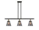 916-3I-BAB-G63 3-Light 36" Black Antique Brass Island Light - Plated Smoke Small Cone Glass - LED Bulb - Dimmensions: 36 x 6 x 10<br>Minimum Height : 19.375<br>Maximum Height : 43.375 - Sloped Ceiling Compatible: Yes